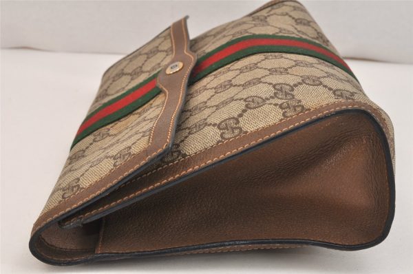 Authentic GUCCI Web Sherry Line Clutch Hand Bag GG PVC Leather Brown Junk 5358K Online Sale