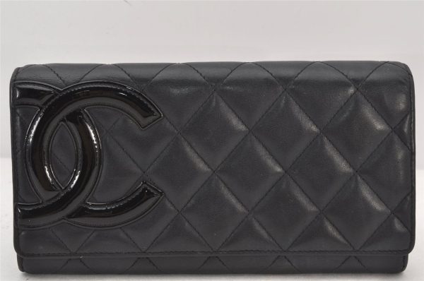 Authentic CHANEL Calf Skin Cambon Line CC Logo Bifold Long Wallet Black 6231K Online Sale