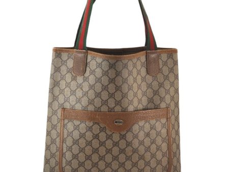 Authentic GUCCI Web Sherry Line Shoulder Tote Bag GG PVC Leather Brown 5780K on Sale