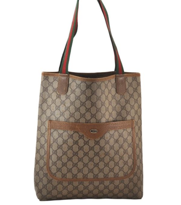 Authentic GUCCI Web Sherry Line Shoulder Tote Bag GG PVC Leather Brown 5780K on Sale