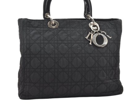 Auth Christian Dior Lady Dior Cannage Nylon Leather Hand Bag Black Junk 5332K Fashion