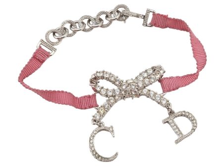 Authentic Christian Dior Ribbon Rinestone Chain Bracelet Silver Tone Pink 6179K on Sale