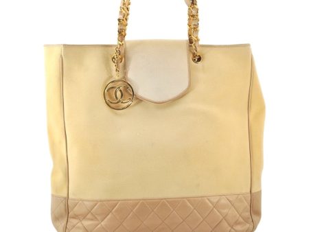 Authentic CHANEL Canvas Calf Skin Matelasse Chain Tote Bag White Cream CC 6241K Sale