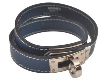 Authentic HERMES Leather Kelly Double Tour Bangle Bracelet Silver Blue 4162L For Cheap