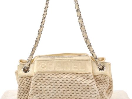 Authentic CHANEL Cotton Leather CC Chain Shoulder Hand Bag White Cream 5372K Sale