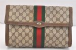 Authentic GUCCI Web Sherry Line Clutch Hand Bag GG PVC Leather Brown Junk 5358K Online Sale