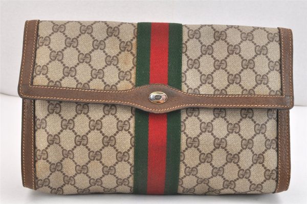 Authentic GUCCI Web Sherry Line Clutch Hand Bag GG PVC Leather Brown Junk 5358K Online Sale