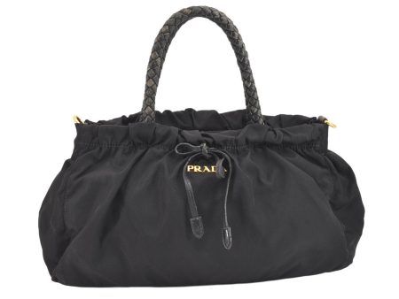 Authentic PRADA Tessuto Bow Ribbon Nylon Leather 2Way Hand Bag Black 5476K Hot on Sale