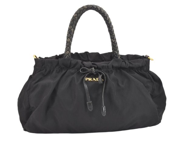 Authentic PRADA Tessuto Bow Ribbon Nylon Leather 2Way Hand Bag Black 5476K Hot on Sale