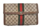 Authentic GUCCI Web Sherry Line Clutch Hand Bag GG PVC Leather Brown Junk 5358K Online Sale