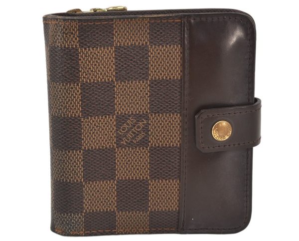 Authentic Louis Vuitton Damier Compact Zip Bifold Wallet Purse N61668 LV 6215K For Sale