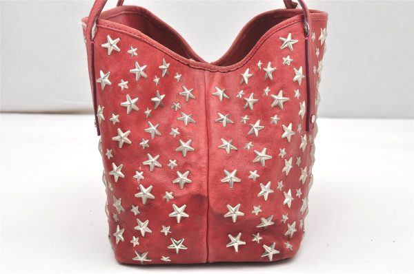 Authentic JIMMY CHOO Vintage Star Studs Leather Shoulder Tote Bag Red 5424K on Sale