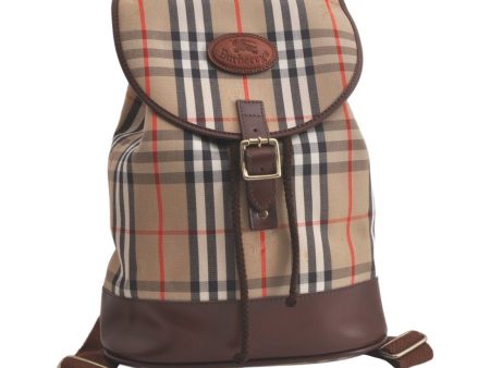 Authentic Burberrys Nova Check Drawstring Backpack Canvas Leather Beige 5503K Fashion