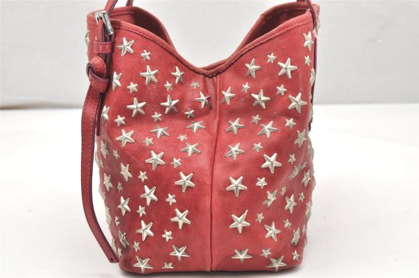 Authentic JIMMY CHOO Vintage Star Studs Leather Shoulder Tote Bag Red 5424K on Sale