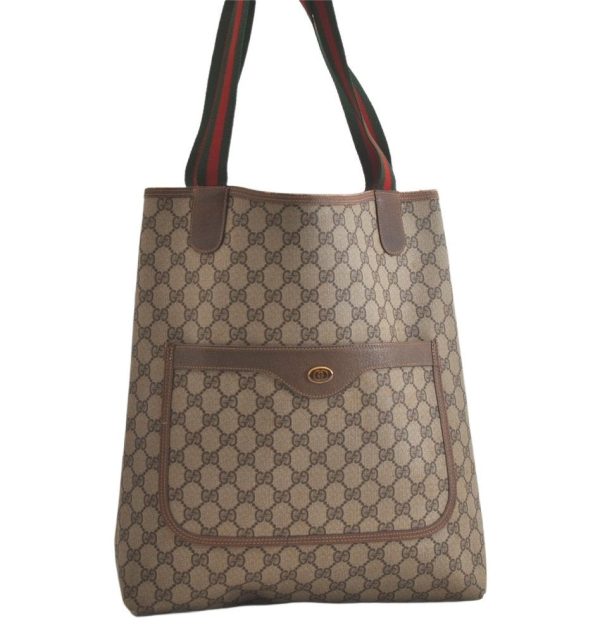 Authentic GUCCI Web Sherry Line Shoulder Tote Bag GG PVC Leather Brown 5407K Fashion