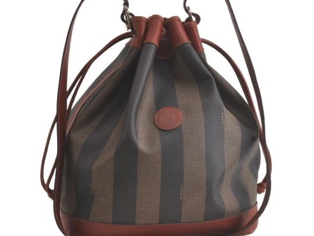 Authentic FENDI Pequin Shoulder Drawstring Bag PVC Leather Brown Black 5487K Hot on Sale