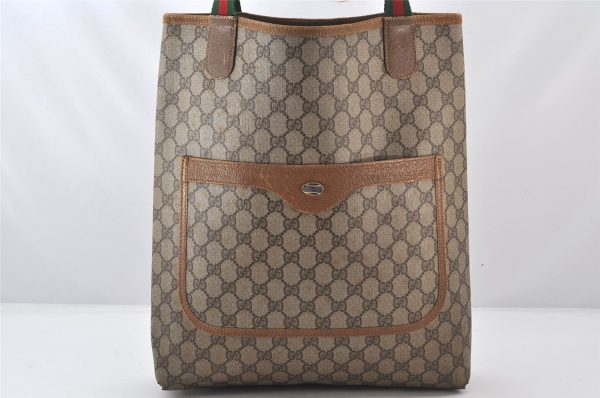 Authentic GUCCI Web Sherry Line Shoulder Tote Bag GG PVC Leather Brown 5780K on Sale