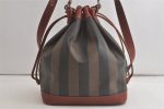 Authentic FENDI Pequin Shoulder Drawstring Bag PVC Leather Brown Black 5487K Hot on Sale