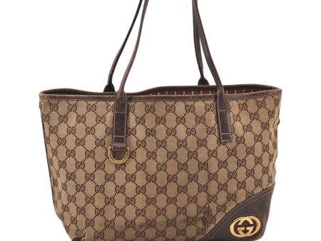 Authentic GUCCI New Britt Tote Bag GG Canvas Leather 169946 Brown Junk 5977K Hot on Sale