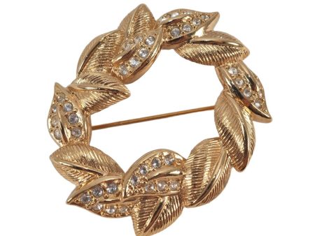 Authentic Christian Dior Rhinestone Leaf Motif Brooch Gold Tone CD 8974K Online Sale