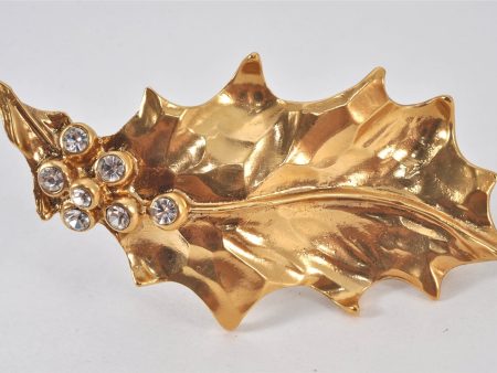 Authentic YVES SAINT LAURENT Rhinestone Leaf Motif Brooch Gold Tone 8863K For Sale