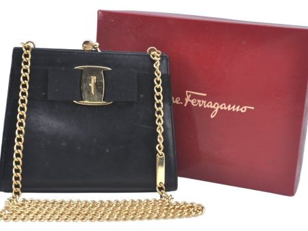 Auth Salvatore Ferragamo Vara Chain Shoulder CrossBag Leather Black SF Box L0539 Fashion