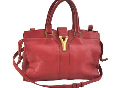 Authentic YVES SAINT LAURENT Cabas Shyc 2Way Tote Bag Leather 311222 Red 0340L Sale