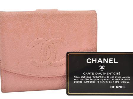 Authentic CHANEL Vintage Caviar Skin CC Logo Bifold Wallet Purse Pink 5513K Sale