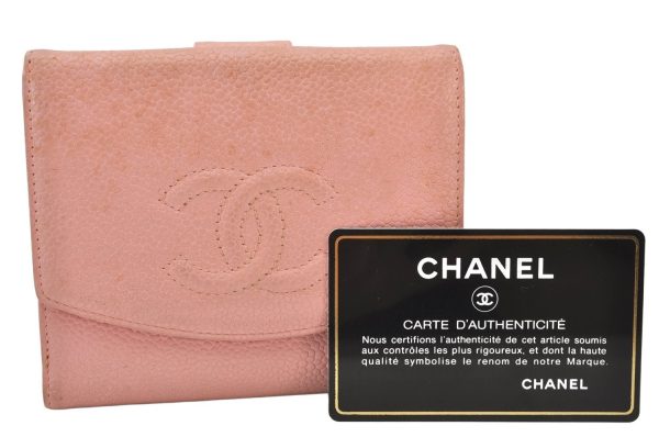 Authentic CHANEL Vintage Caviar Skin CC Logo Bifold Wallet Purse Pink 5513K Sale