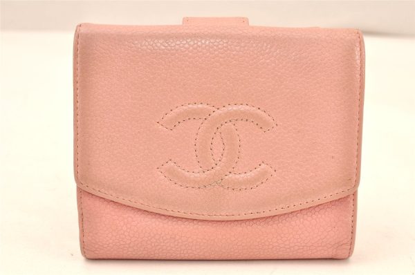 Authentic CHANEL Vintage Caviar Skin CC Logo Bifold Wallet Purse Pink 5952K Supply