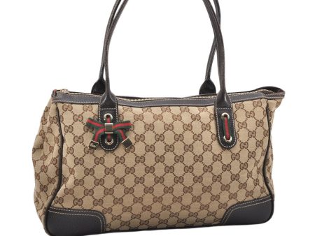 Auth GUCCI Web Sherry Line Princy Ribbon Tote Bag GG Canvas 177052 Brown 6641K Fashion