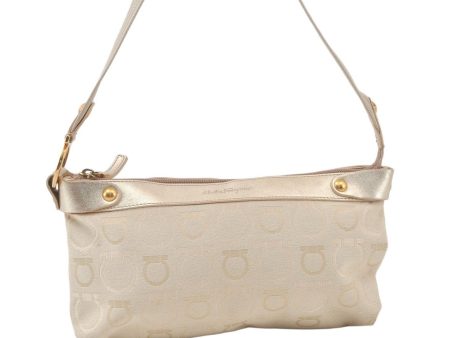 Auth Salvatore Ferragamo Gancini Design Canvas Leather Shoulder Bag Cream 7586K on Sale