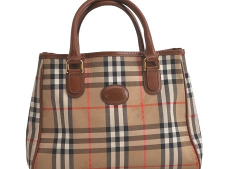 Authentic Burberrys Vintage Nova Check Canvas Leather Hand Bag Brown Beige 5524K Hot on Sale