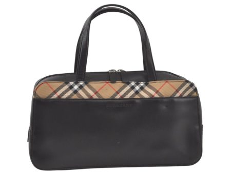 Authentic BURBERRY Vintage Nova Check Leather Hand Boston Bag Black 7686K Hot on Sale