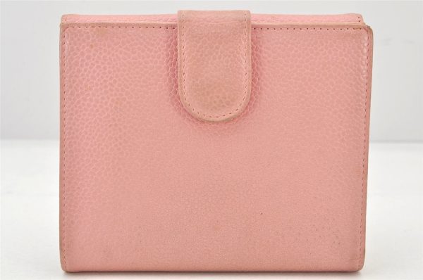 Authentic CHANEL Vintage Caviar Skin CC Logo Bifold Wallet Purse Pink 5513K Sale