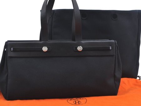 Auth HERMES Her Bag Cabas GM & GM 2Way Shoulder Tote Bag Canvas Black  L0484 Supply